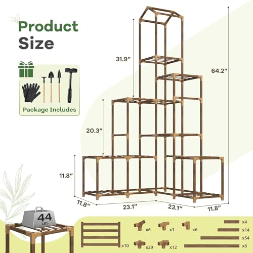Snazzy 64.2" H Plant Stand Indoor Outdoor Tall Plant Shelf for 13-19 Pots Corner Tiered Plant Stands for Multiple Plants Wood Hanging Plants Holder for Garden Balcony Patio Window Porch - Image 2