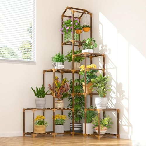 Snazzy 64.2" H Plant Stand Indoor Outdoor Tall Plant Shelf for 13-19 Pots Corner Tiered Plant Stands for Multiple Plants Wood Hanging Plants Holder for Garden Balcony Patio Window Porch - Image 3