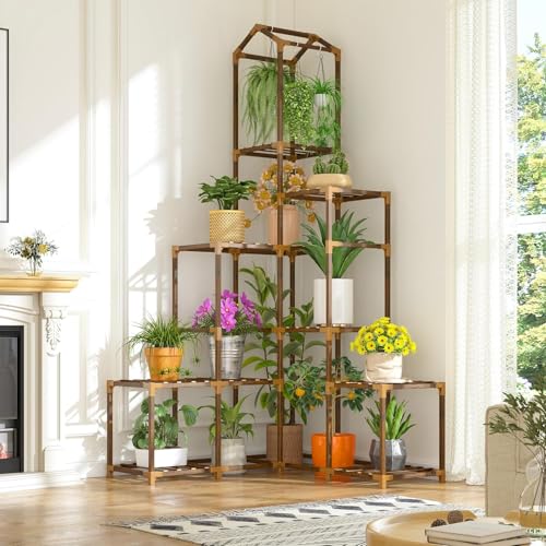 Snazzy 64.2" H Plant Stand Indoor Outdoor Tall Plant Shelf for 13-19 Pots Corner Tiered Plant Stands for Multiple Plants Wood Hanging Plants Holder for Garden Balcony Patio Window Porch - Image 5