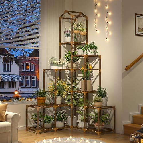 Snazzy 64.2" H Plant Stand Indoor Outdoor Tall Plant Shelf for 13-19 Pots Corner Tiered Plant Stands for Multiple Plants Wood Hanging Plants Holder for Garden Balcony Patio Window Porch - Image 4