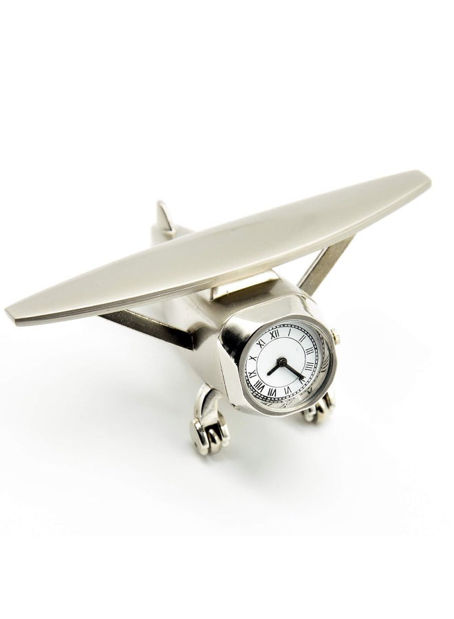 Decor ساعة طاولة تناظرية بتصميم طائرة وزن ورق معدني قطعة عرض للطاولة في المنزل أو المكتب باللون الفضي 7 × 10 × 5 سم - Image 5