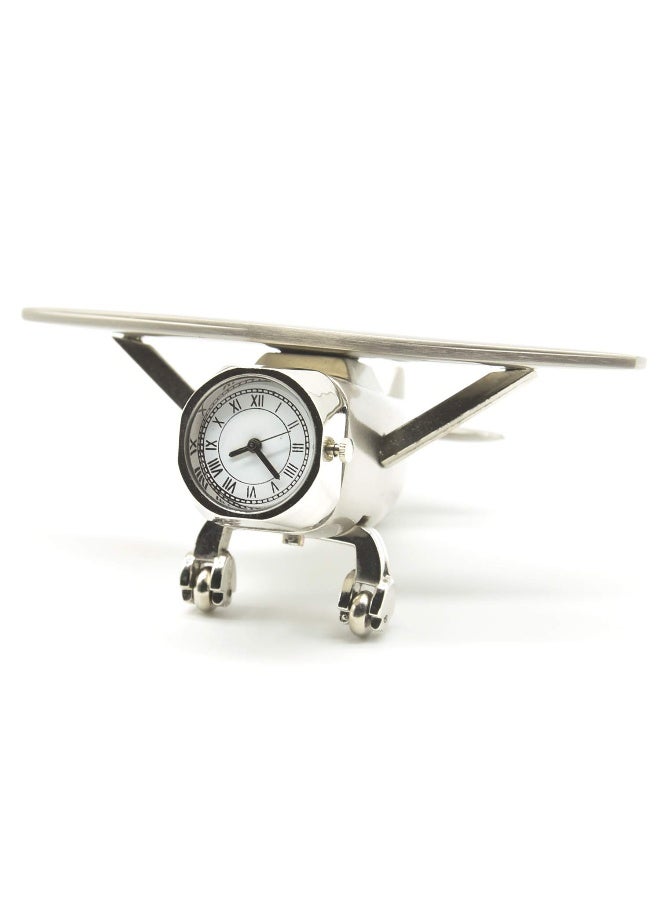 Decor ساعة طاولة تناظرية بتصميم طائرة وزن ورق معدني قطعة عرض للطاولة في المنزل أو المكتب باللون الفضي 7 × 10 × 5 سم - Image 2