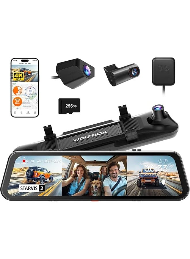 وولف بوكس G900 Tripro Cabin Version 3 Channel 4K Rear View Mirror Camera, STARVIS 2 IMX678 Night Vision,4K+1080P+2.5K Front Inside and Rear Mirror Dash Cam,5.8GHz WiFi,Voice Control,Includes 256GB Card - Image 1