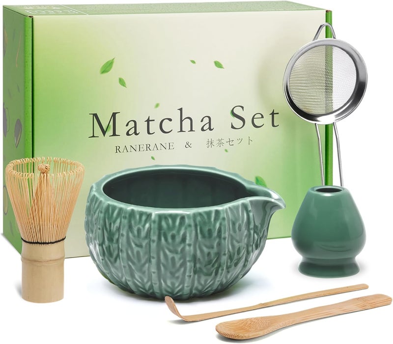 RANERANE 6-Piece Matcha Set, Matcha Whisk (Chasen) & Holder, Matcha Bowl with Spout, Sifter & Spoon, Bamboo & Ceramic, Dark Green - Image 1