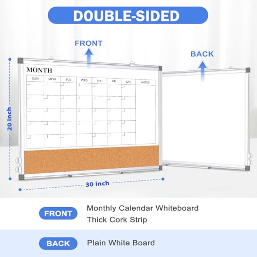 WALGLASS Monthly Calendar Whiteboard Dry Erase Cork Board Combo for Wall 30 x 20 Magnetic DoubleSided Calendar White Board and Bulletin Board Portable Board for Office Kitchen School Home Dorm - Image 3