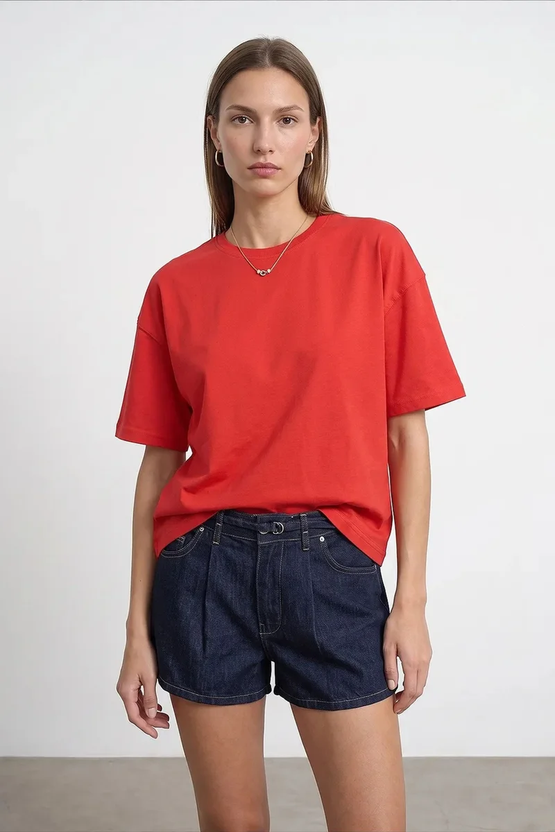 Dilvin Red DILVIN Oversized Cotton Crew Neck T-Shirt for Women | Best Price UAE