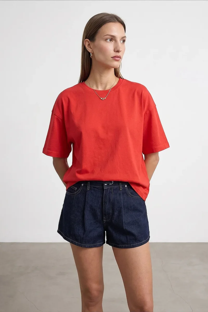 Dilvin Red DILVIN Oversized Cotton Crew Neck T-Shirt for Women | Best Price UAE