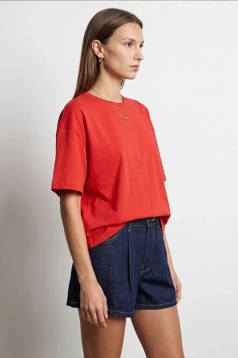 Dilvin Red DILVIN Oversized Cotton Crew Neck T-Shirt for Women | Best Price UAE