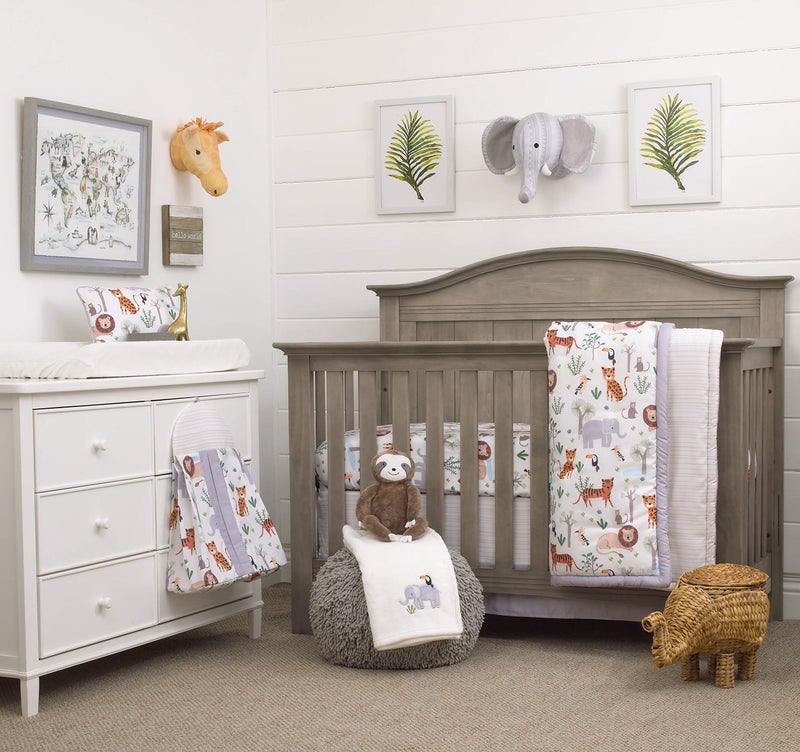 NoJo NOJO Growing Wild Grey Orange Green and White 8 Piece Jungle Safari Crib Bedding Set with Comforter 2 Fitted Crib Sheets Dust Ruffle Diaper Stacker Decorative Pillow Baby Blanket 