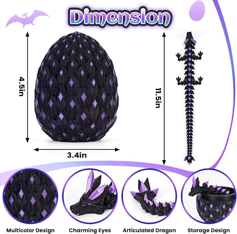 YOOJ ® 3D Printed Dragon Egg with Articulated Dragon Inside, Glow in the Dark Cool Crystal 3D Printed Dinosaur and Egg Toy for Kids 5-7 8-12, Home Figurine Decor and Easter Basket Stuffers (Purple) - Image 3