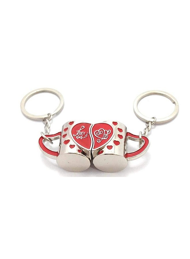 Buko Lovers Couple Half Broken Keychain Set Magnetic Connect Keyring Pendant Decoration, Stainless Steel Anti-Rust Keyring (DRINK_MUG_LOVE-HEART_RED) - Image 2