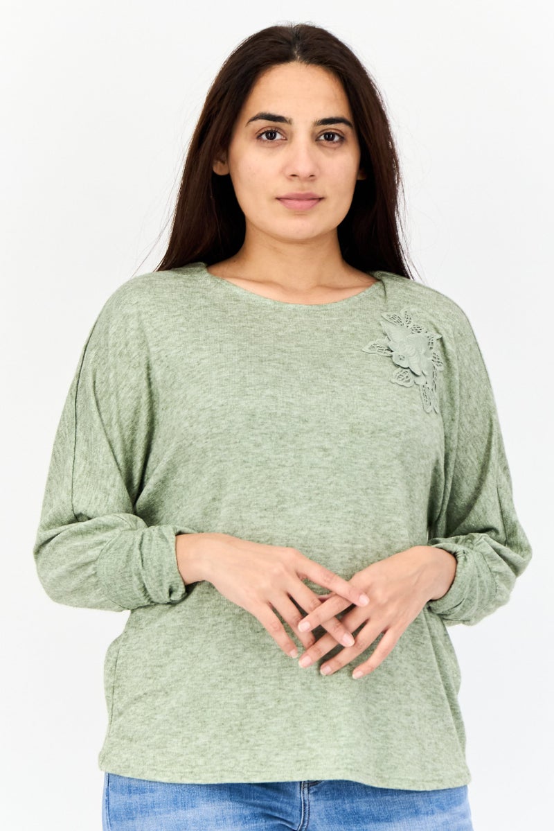 ADRIENNE VITTADINI Women Round Neck Long Sleeves Heather Top, Olive - Image 1