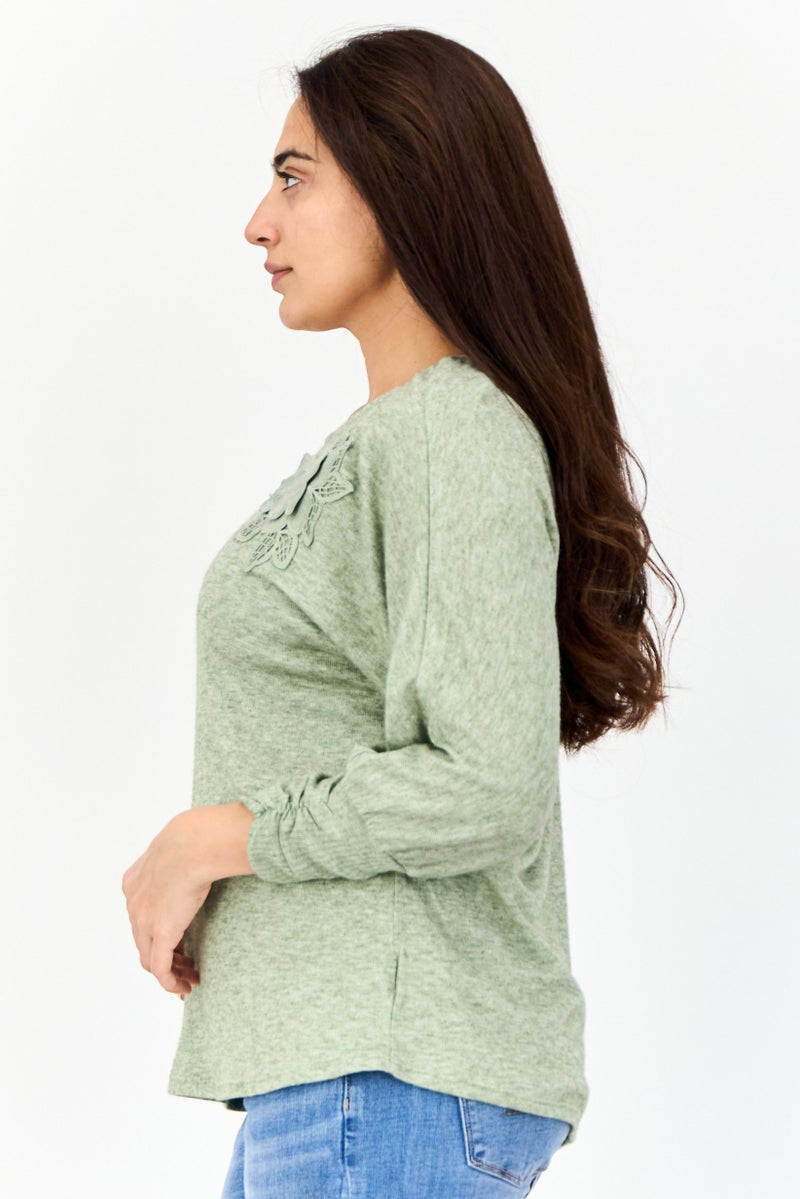 ADRIENNE VITTADINI Women Round Neck Long Sleeves Heather Top, Olive - Image 4