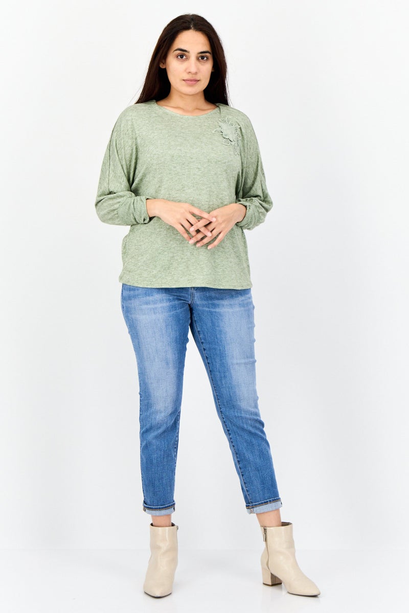 ADRIENNE VITTADINI Women Round Neck Long Sleeves Heather Top, Olive - Image 3