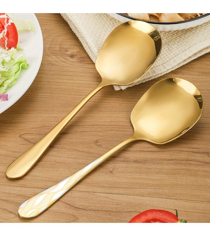 2Pcs Golden Stainless Steel Serving Spoons with Marble Handle Durable Stylish - Image 1