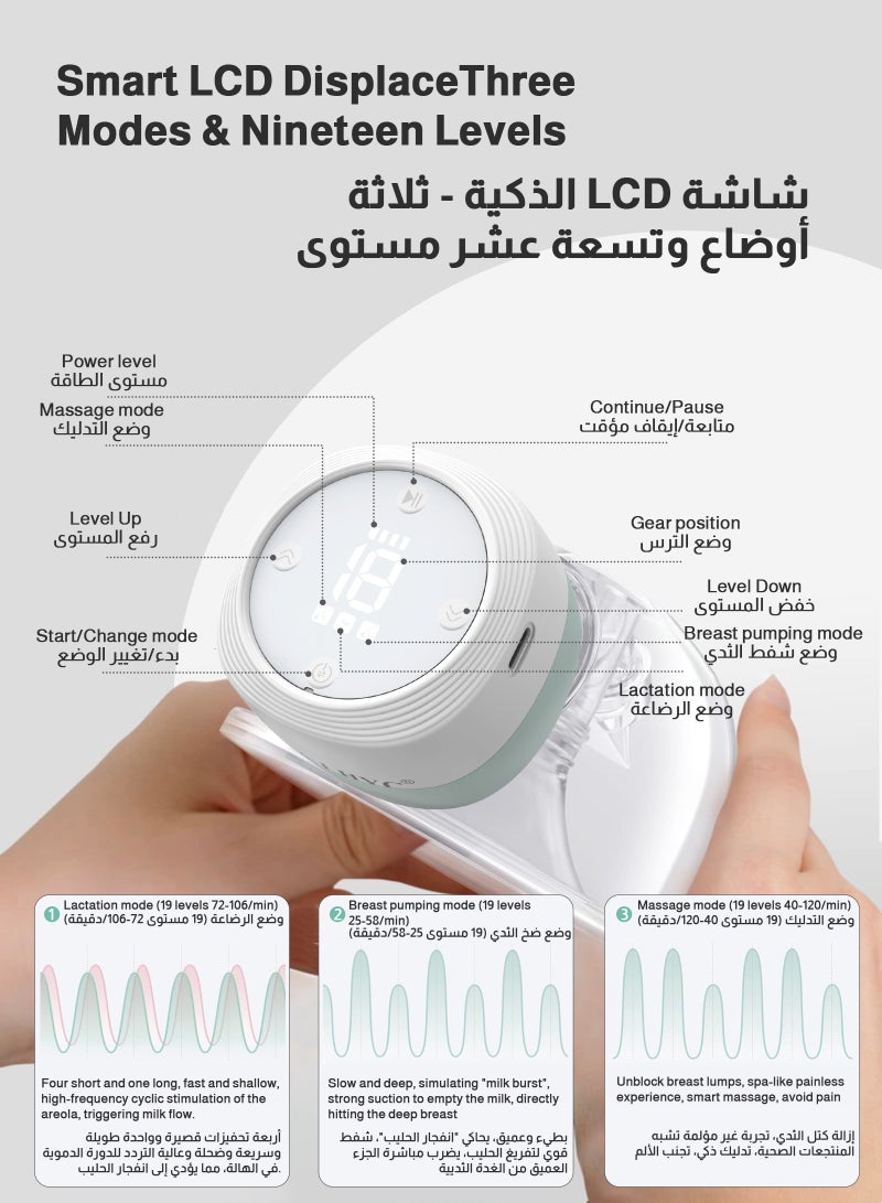 ULHYC Two-pack of hands-free, wearable, electric single-sided breast pumps with 3 modes and 19 speed settings, featuring an LED display (green/white). - Image 3