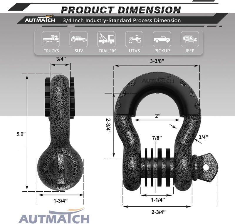 AUTMATCH D Ring Shackle 3/4" Shackles (2 Pack) 41,887Ibs Break Strength - Clevis Shackle with 7/8" Screw Pin and Shackle Isolator Washers Kit for Tow Strap Winch Off Road Vehicle Recovery, Grainstone - Image 3