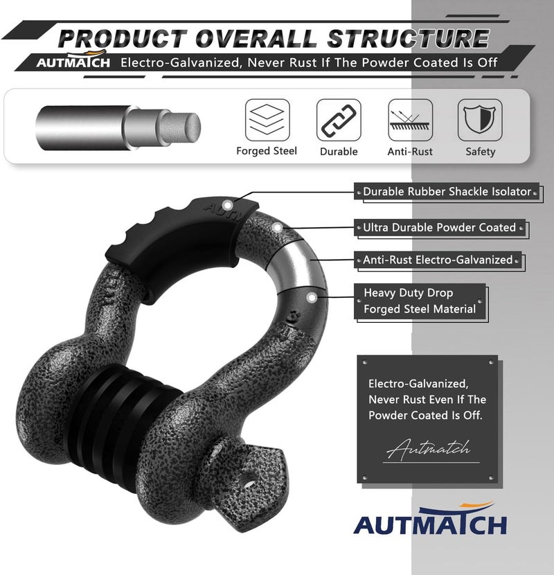 AUTMATCH D Ring Shackle 3/4" Shackles (2 Pack) 41,887Ibs Break Strength - Clevis Shackle with 7/8" Screw Pin and Shackle Isolator Washers Kit for Tow Strap Winch Off Road Vehicle Recovery, Grainstone - Image 4