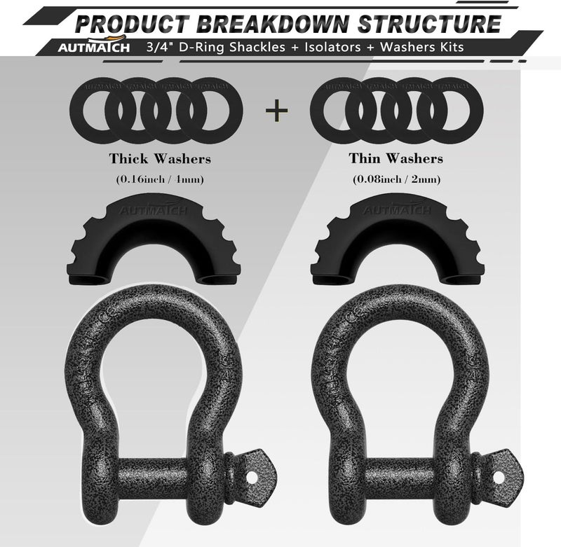 AUTMATCH D Ring Shackle 3/4" Shackles (2 Pack) 41,887Ibs Break Strength - Clevis Shackle with 7/8" Screw Pin and Shackle Isolator Washers Kit for Tow Strap Winch Off Road Vehicle Recovery, Grainstone - Image 2