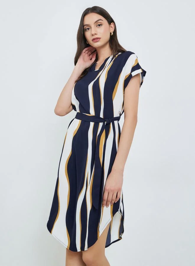 تايك تو Multi Striped Knee-Length Dress with Tie-Belt