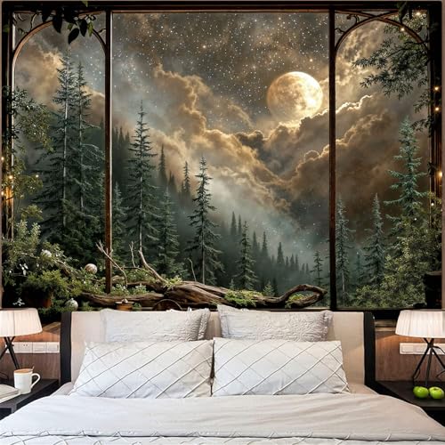 Lifeel Forest Landscape Tapestry, Moon Starry Sky Night Window Tapestries, Home Decor for Bedroom Living Room, 36x48 inches - Image 4