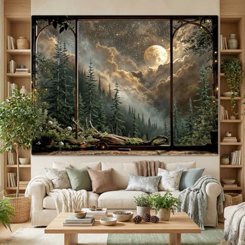 Lifeel Forest Landscape Tapestry, Moon Starry Sky Night Window Tapestries, Home Decor for Bedroom Living Room, 36x48 inches - Image 1