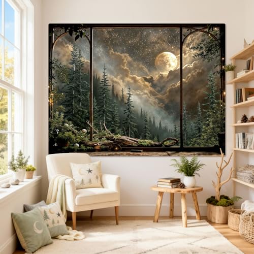 Lifeel Forest Landscape Tapestry, Moon Starry Sky Night Window Tapestries, Home Decor for Bedroom Living Room, 36x48 inches - Image 3