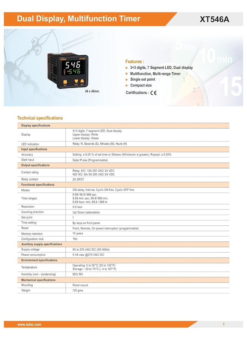 Selec DUAL DISPLAY 33 digit Single set point Digital Timer Selec XT546A  - Image 2