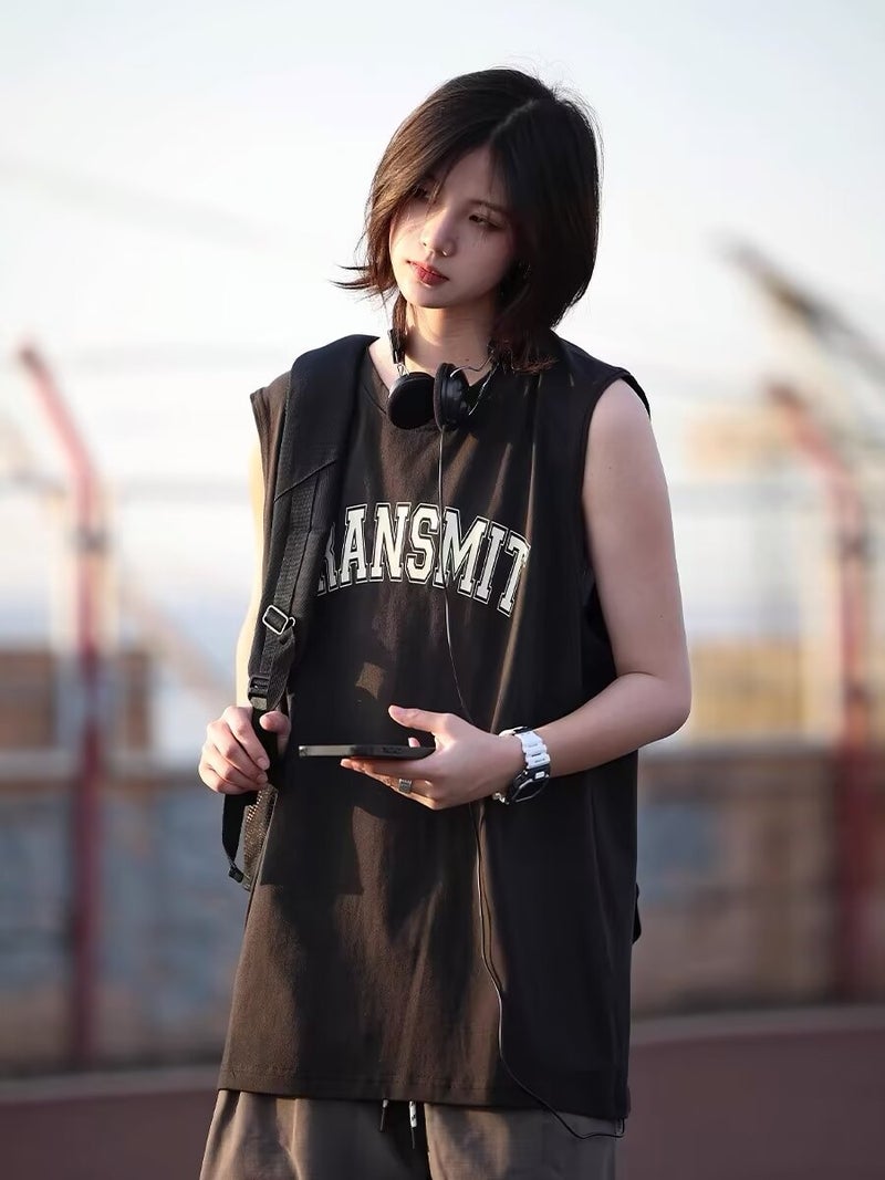 Japanese Style Vintage Printed Waistcoat Sweatshirt 2024 Loose Sports Fitness Breathable Sleeveless T-shirt Top for Boys and Girls Black - Image 1