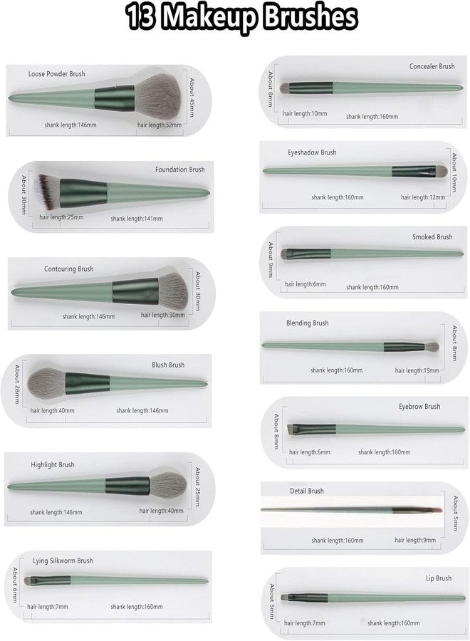 Prosopyare 13 Pcs Makeup Brushes Set Foundation Brush Eyeshadow Brush Make up Brushes Set Bright Colors Easy-taken Travel Makeup Brush Set Cloth Bag (Green) - Image 5