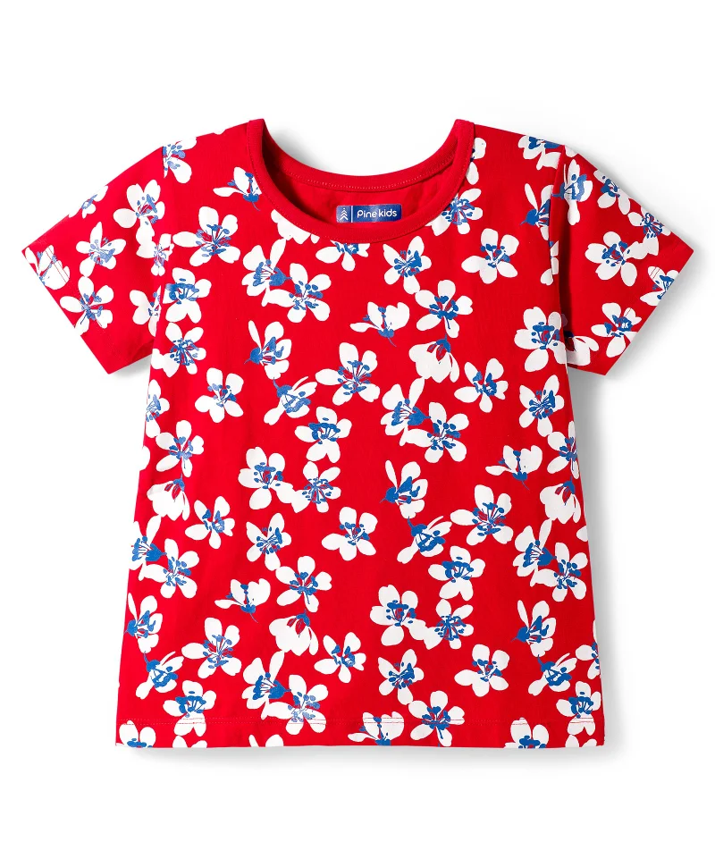 Pine Kids Pine Kids Single Jersey Knit Shorts Sleeves Shorts Co-ord Night Suit With Floral Print - Red