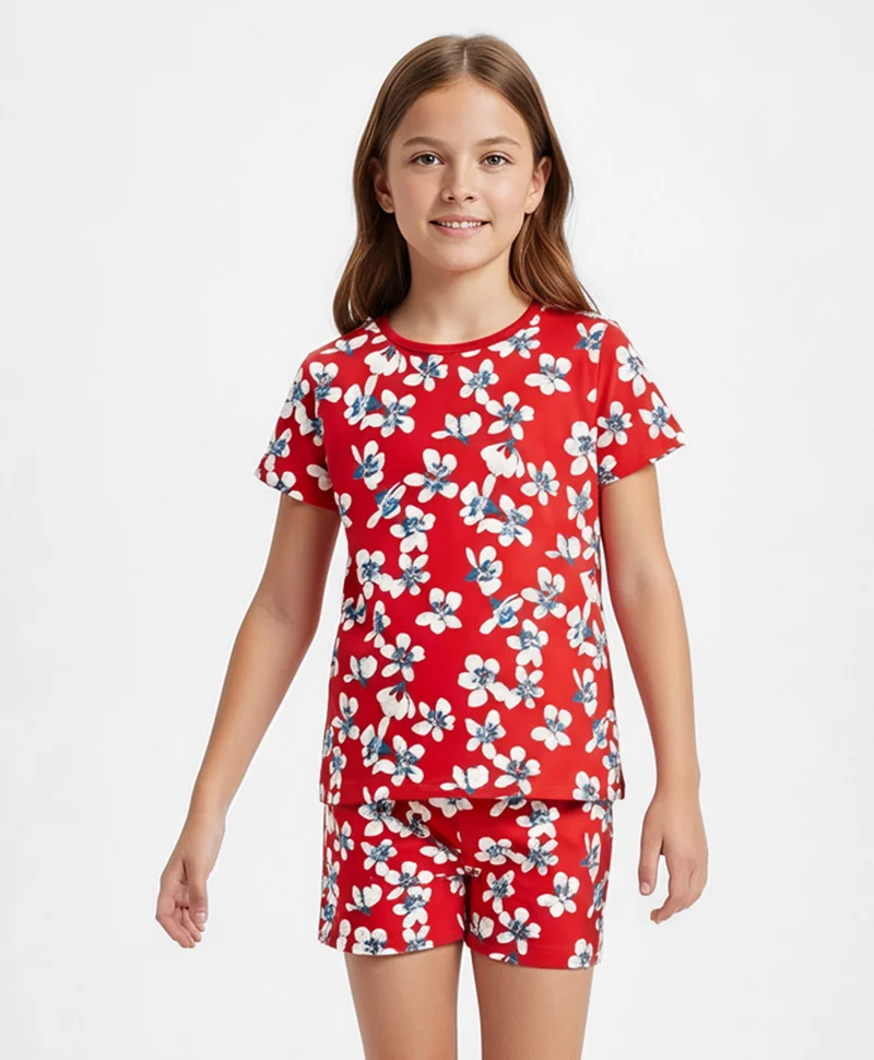 Pine Kids Pine Kids Single Jersey Knit Shorts Sleeves Shorts Co-ord Night Suit With Floral Print - Red