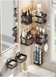 VarietyVoyageD 5 Pack Corner Shower Caddy , Adhesive Shower Organizer, Shower Rack with 16 Hooks, Large Capacity, Rustproof Stainless Steel Shower Shelf for Inside Shower & Bathroom Storage&Home Decor, Black  - Image 2