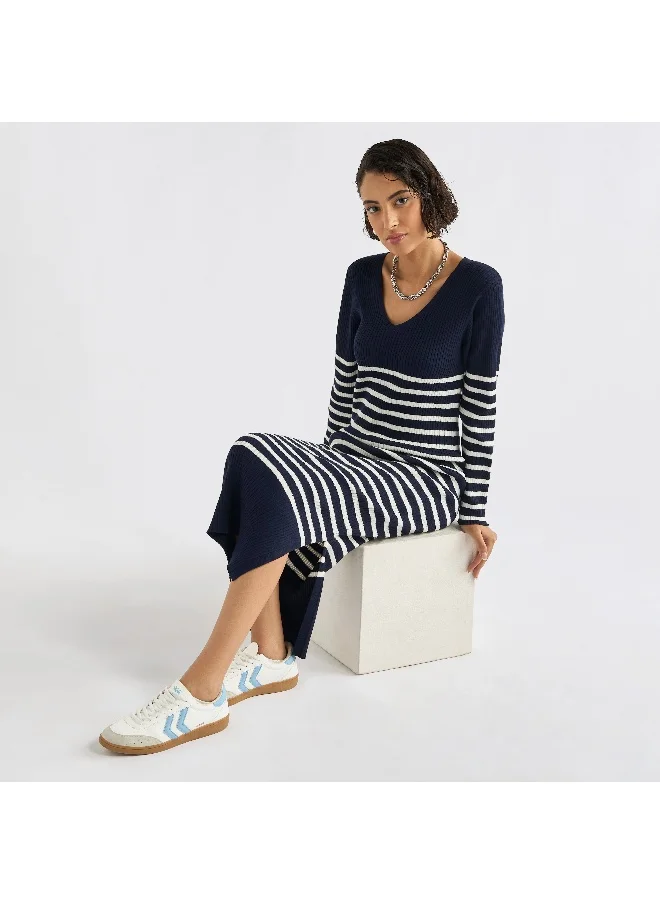 FAV Striped V-neck Dress with Long Sleeves