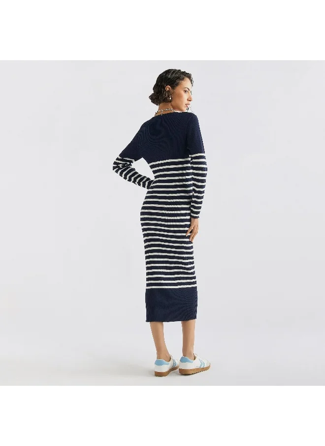 FAV Striped V-neck Dress with Long Sleeves