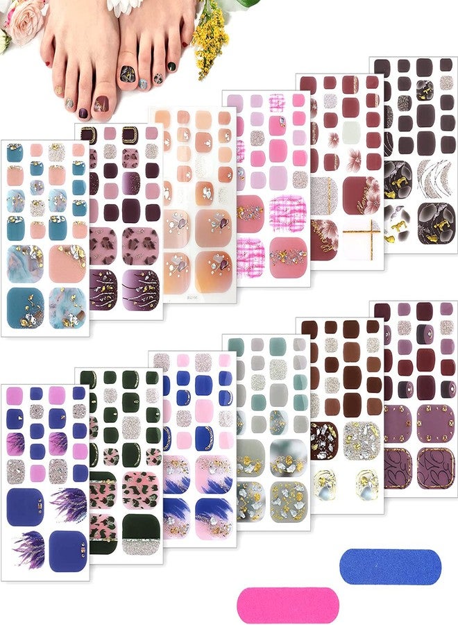 TOROKOM 264 Pieces 12 Sheets Toenail Polish Stickers, TOROKOM 3D Rhinestone Full Toenail Wraps Glass Crystal Adhesive Toenail Art Polish Sticker Toenail Polish Strips Decals for Girl Women - Image 1