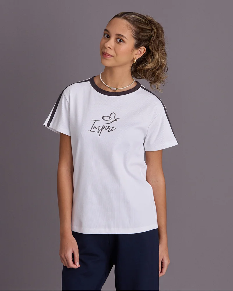 Redtag Senior Girls White with Charcoal Trim T-shirt