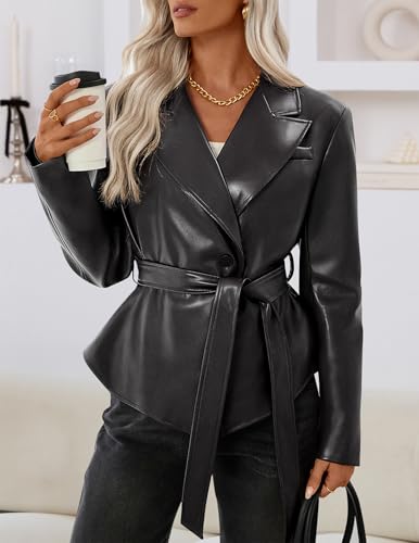 MEROKEETY Women's Fall Fashion 2025 Leather Jacket Casual Belt Button Down Blazer Trendy Coat Outerwear, Black, Large - Image 3