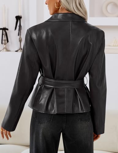 MEROKEETY Women's Fall Fashion 2025 Leather Jacket Casual Belt Button Down Blazer Trendy Coat Outerwear, Black, Large - Image 5