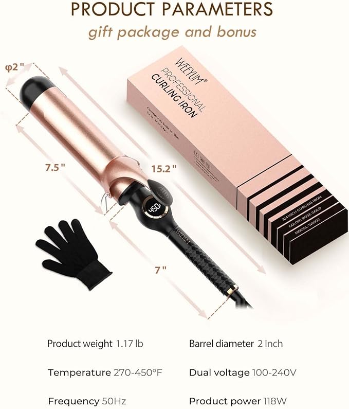 Curling Tongs 50mm Large Barrel Curling Wand for Hair Ceramic Long Barrel Hair Curling Iron Dual Voltage