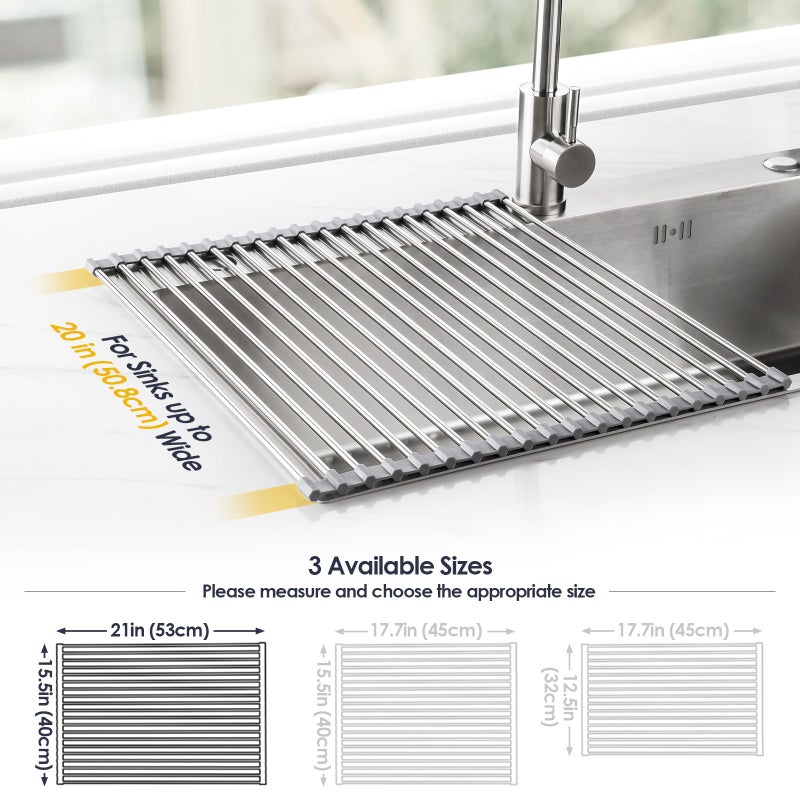 Tomorotec 21" x 15.5" Roll Up Dish Drying Rack Over Sink Drying Rack Sink Cover Kitchen Sink Accessories Gadget Multipurpose Organizer Foldable Stainless Steel Drainer - Image 4