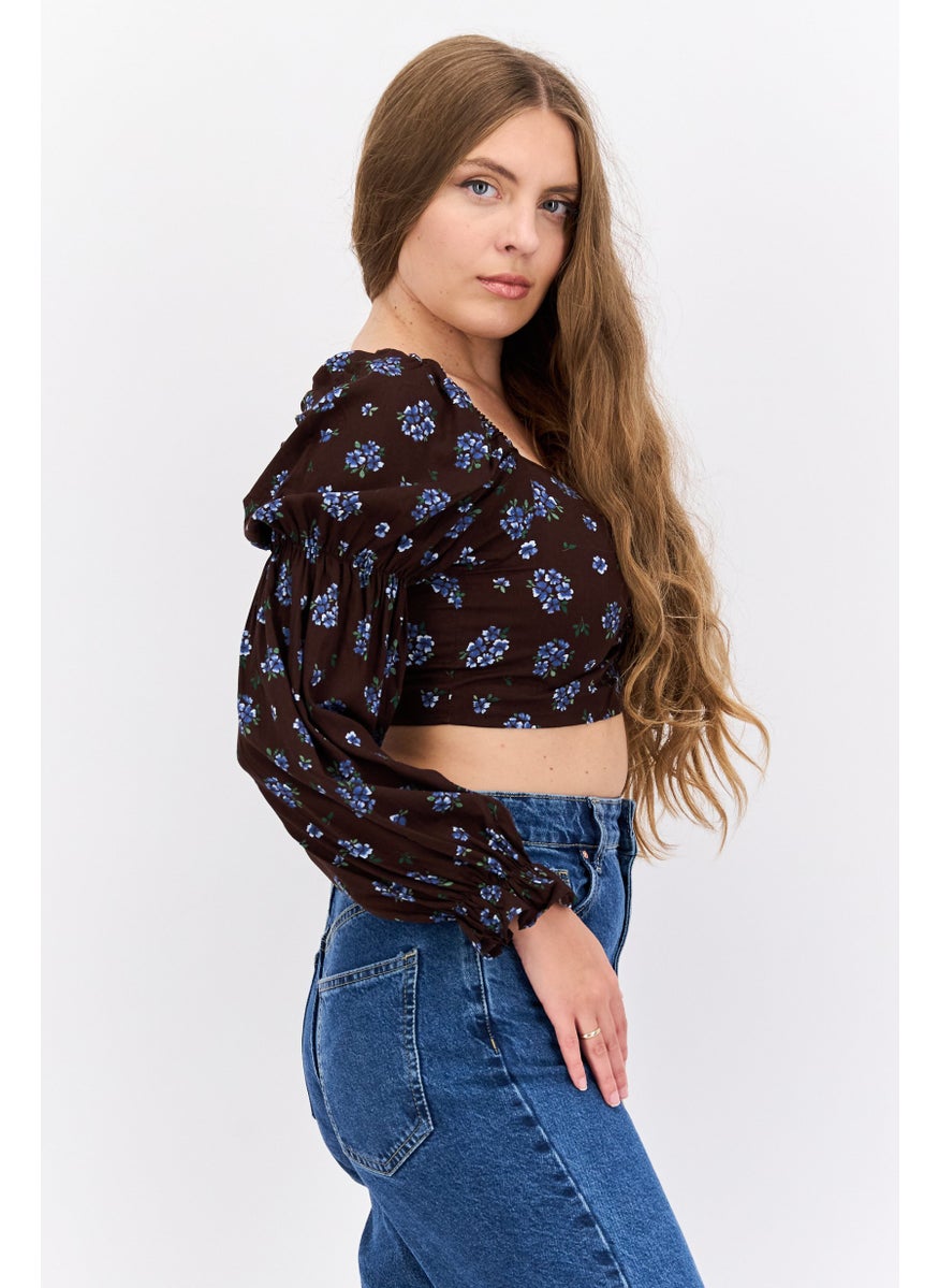 MONKI Women Square Neck Long Sleeve Floral Print Crop Top, Brown  - Image 2