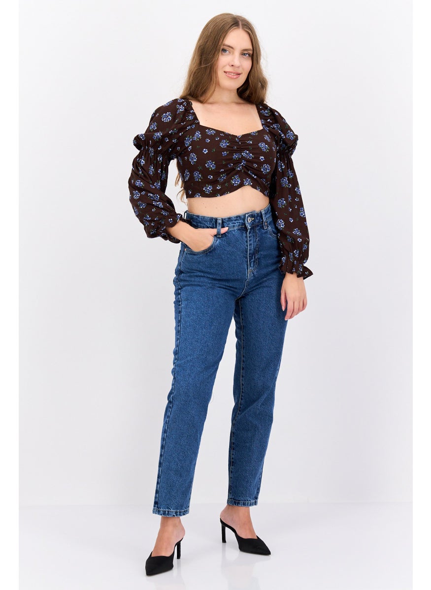 MONKI Women Square Neck Long Sleeve Floral Print Crop Top, Brown  - Image 4