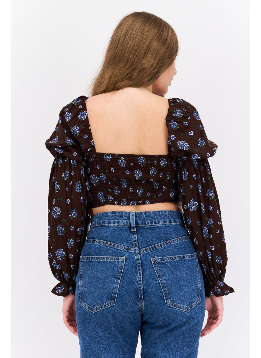 MONKI Women Square Neck Long Sleeve Floral Print Crop Top, Brown  - Image 3