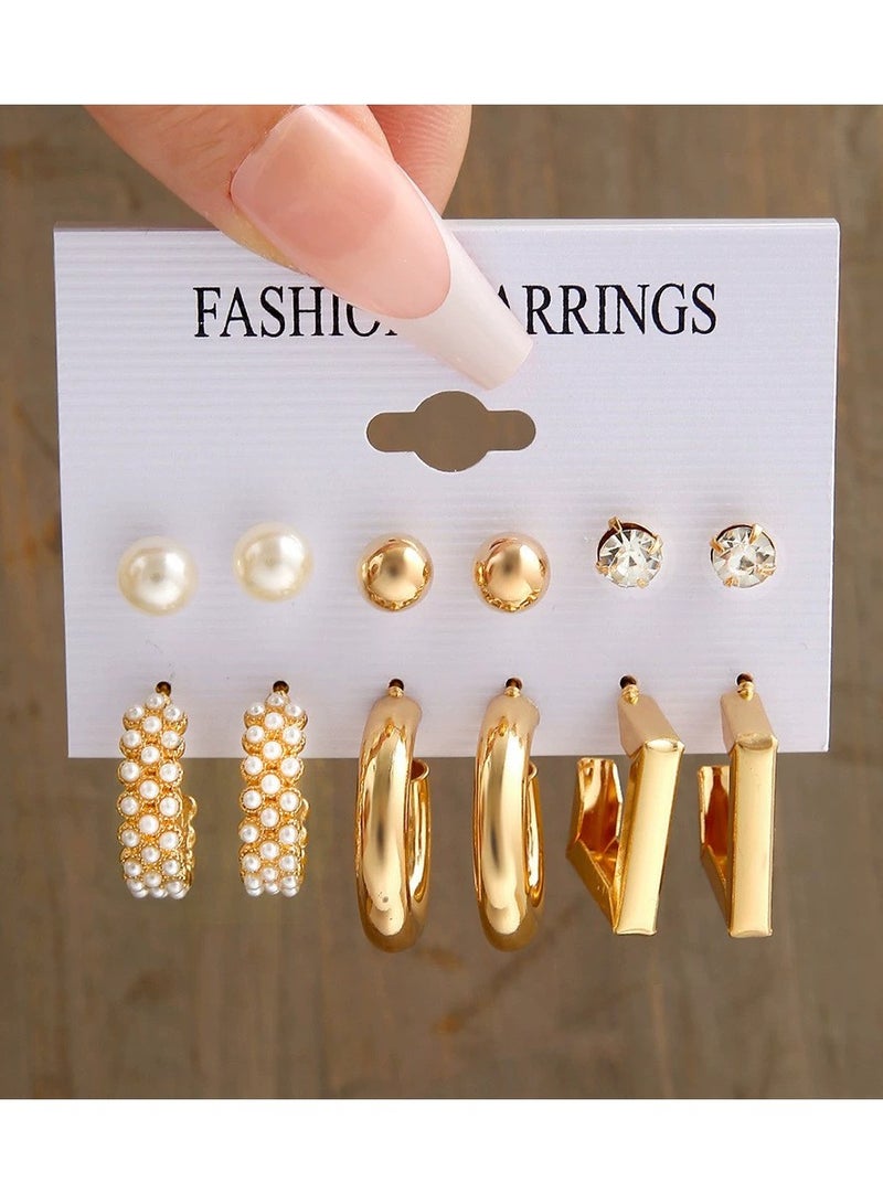 Goolsky 6-Pair Vintage Pearl & Geometric Hoop Earrings Set – Audrey Hepburn Style, Retro Metal Earrings for Women 