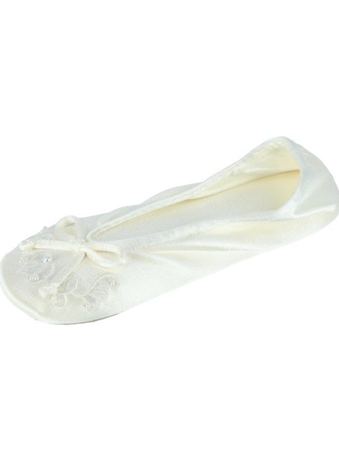 ISOTONER Women's Embroidered Pearl Satin Ballerina Ivory Sma - Image 5