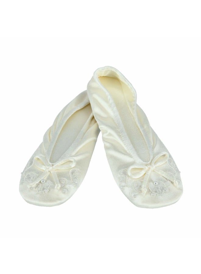 ISOTONER Women's Embroidered Pearl Satin Ballerina Ivory Sma - Image 3
