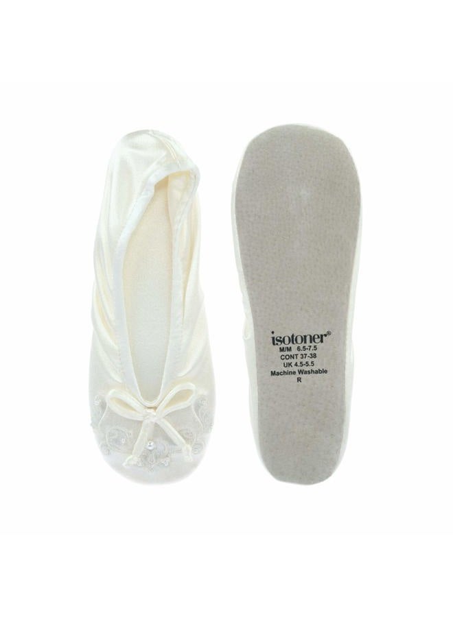 ISOTONER Women's Embroidered Pearl Satin Ballerina Ivory Sma - Image 4