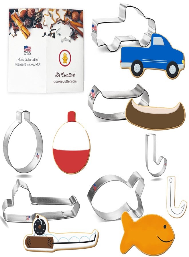 Foose Fishing Cookie Cutter 6 Pc Set - 6 in Fishing Pole, 3.25 in Fish, 1.75 in Fishing Hook, 4 in Canoe, 3 in Fishing Bobber and 4 in Pickup Truck - Foose Cookie Cutters - US Tin Plated Steel - Image 1