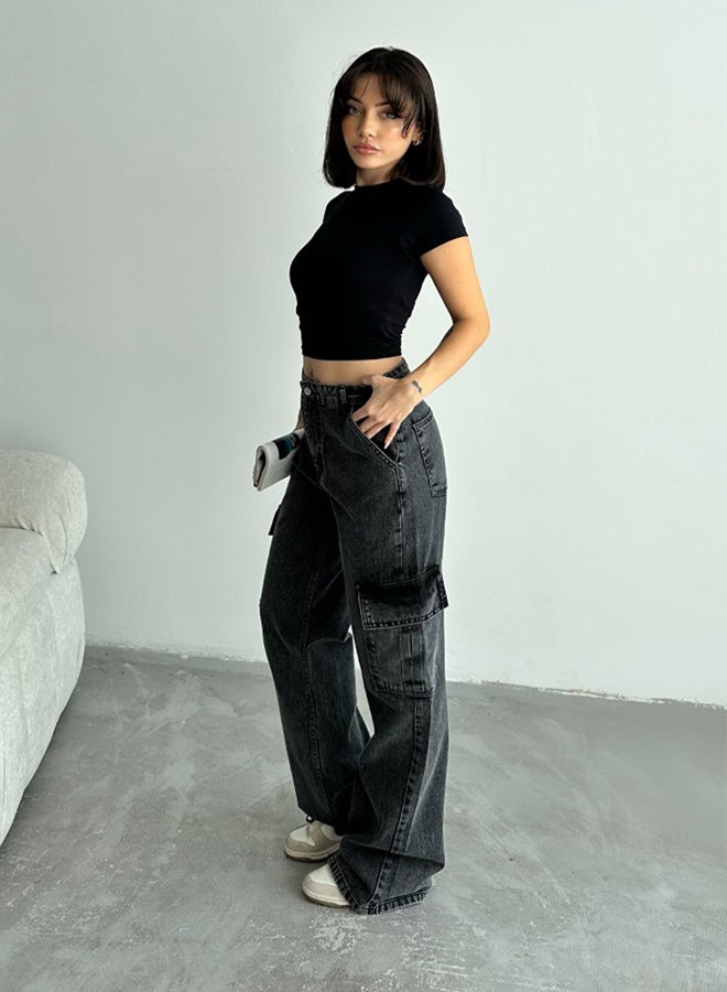 trendyol Anthracite Cargo Pocket High Waist Wide Leg Jeans - Image 4
